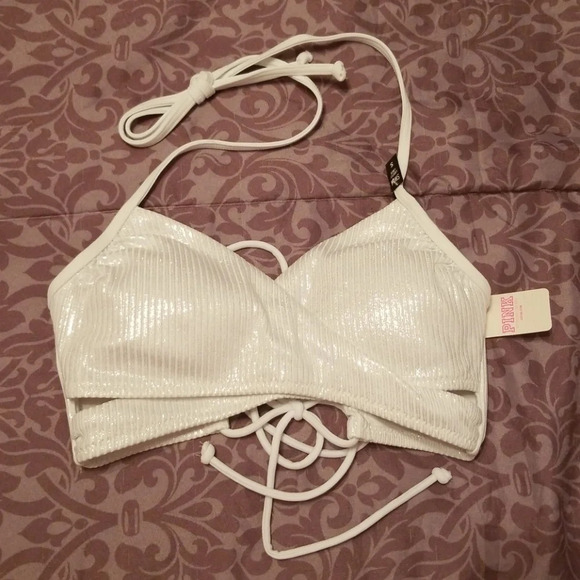 VS Pink Ribbed Lace-up Back Swim Top S - Picture 2 of 5